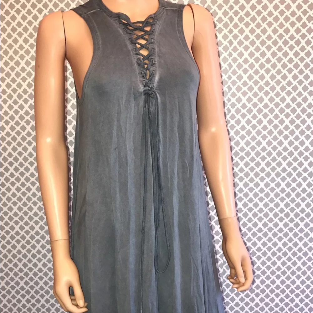 Blue Lace Up Sleeveless Dress with Pockets size S